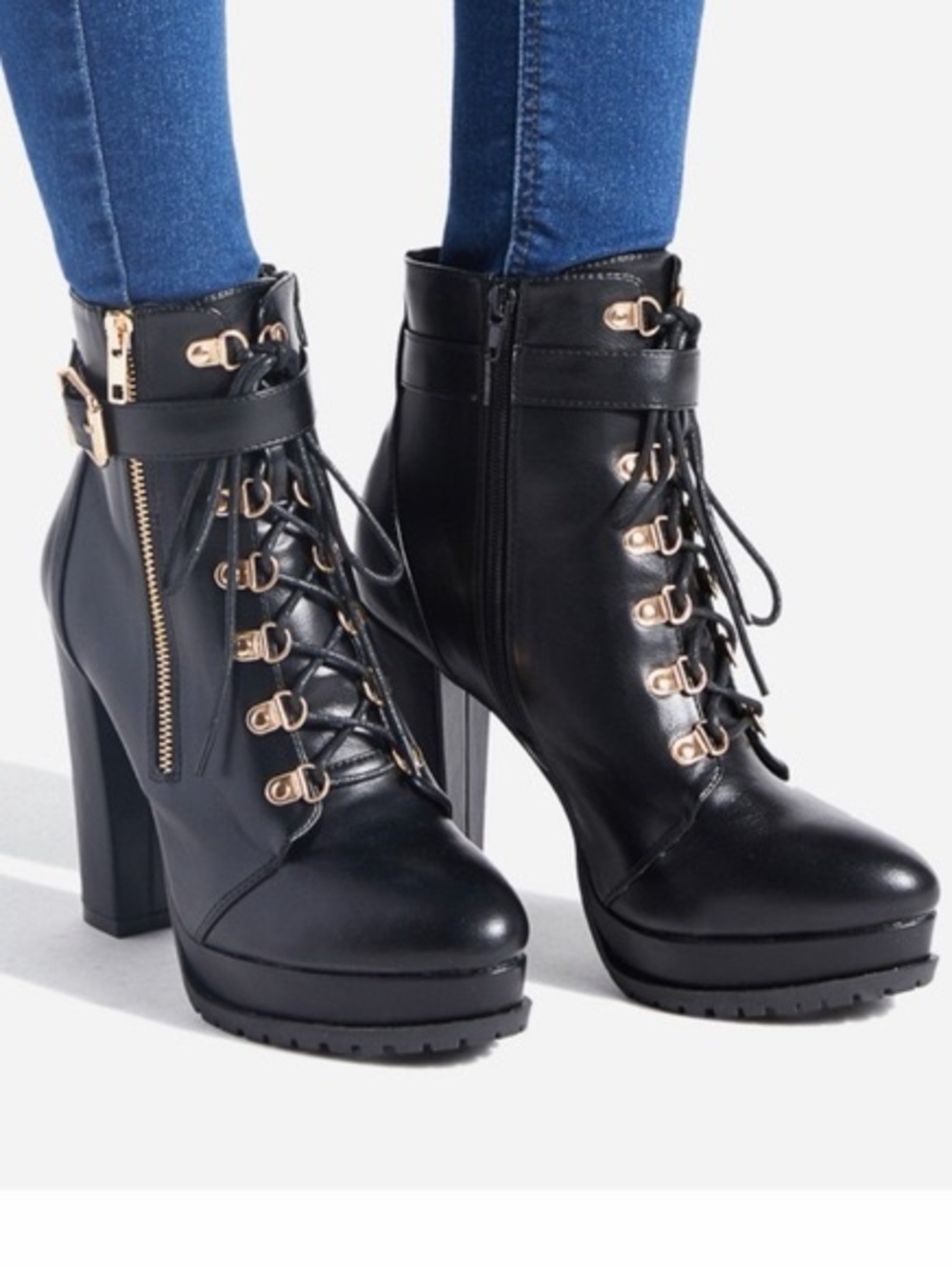 Black Lace-Up Platform Ankle Boots with Gold Hardware